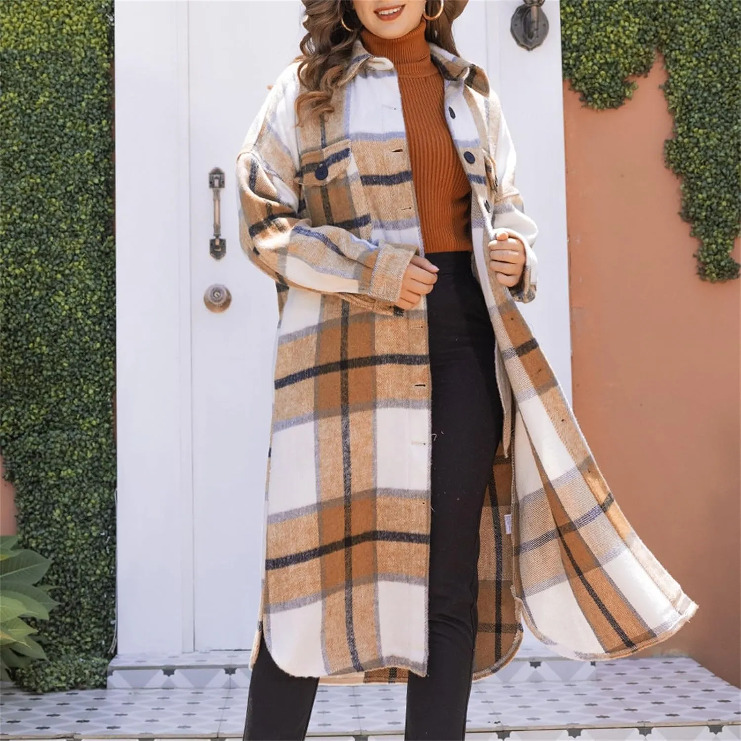 Fall Peacoat Womens Coat Classic Flannel Plaid Long Jackets Wool Blend Lapel Collar Trench Coat Single-Breasted Pea Coat