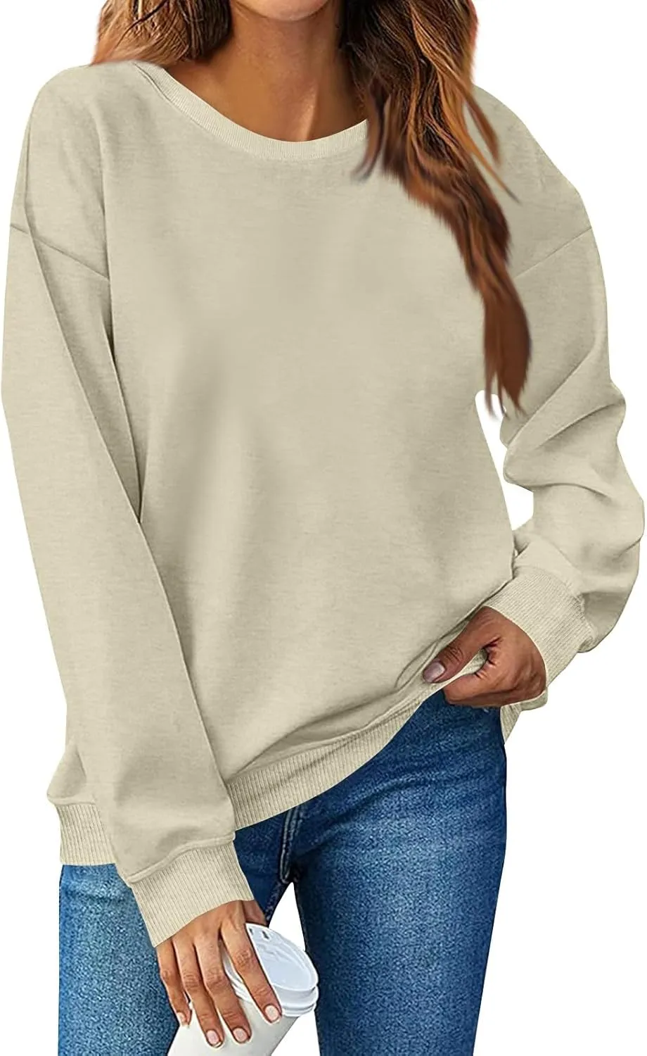 Fall Shirts For Women 2024 Women Fashion Casual Loose Solid Color Padded Crewneck Oversized Women Sweatshirt