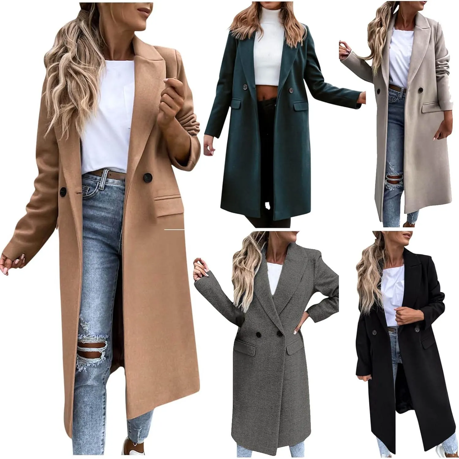 fartey Womens Wool Blend Winter Coats Casual Notch Lapel Double-Breasted Trench Coat Mid Long Length Peacoat Overcoats