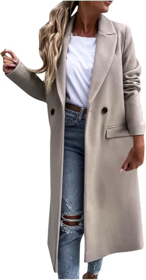 fartey Womens Wool Blend Winter Coats Casual Notch Lapel Double-Breasted Trench Coat Mid Long Length Peacoat Overcoats