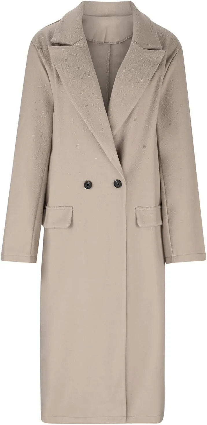 fartey Womens Wool Blend Winter Coats Casual Notch Lapel Double-Breasted Trench Coat Mid Long Length Peacoat Overcoats