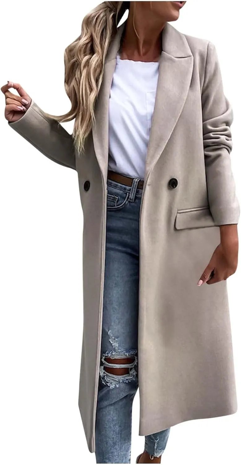 fartey Womens Wool Blend Winter Coats Casual Notch Lapel Double-Breasted Trench Coat Mid Long Length Peacoat Overcoats