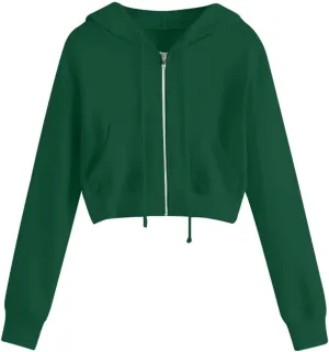 Fashion Crop Hoodie for Women Solid Color Full Zip Up Drawstring Hooded Long Sleeve Jackets Autumn Sports Sweatshirts