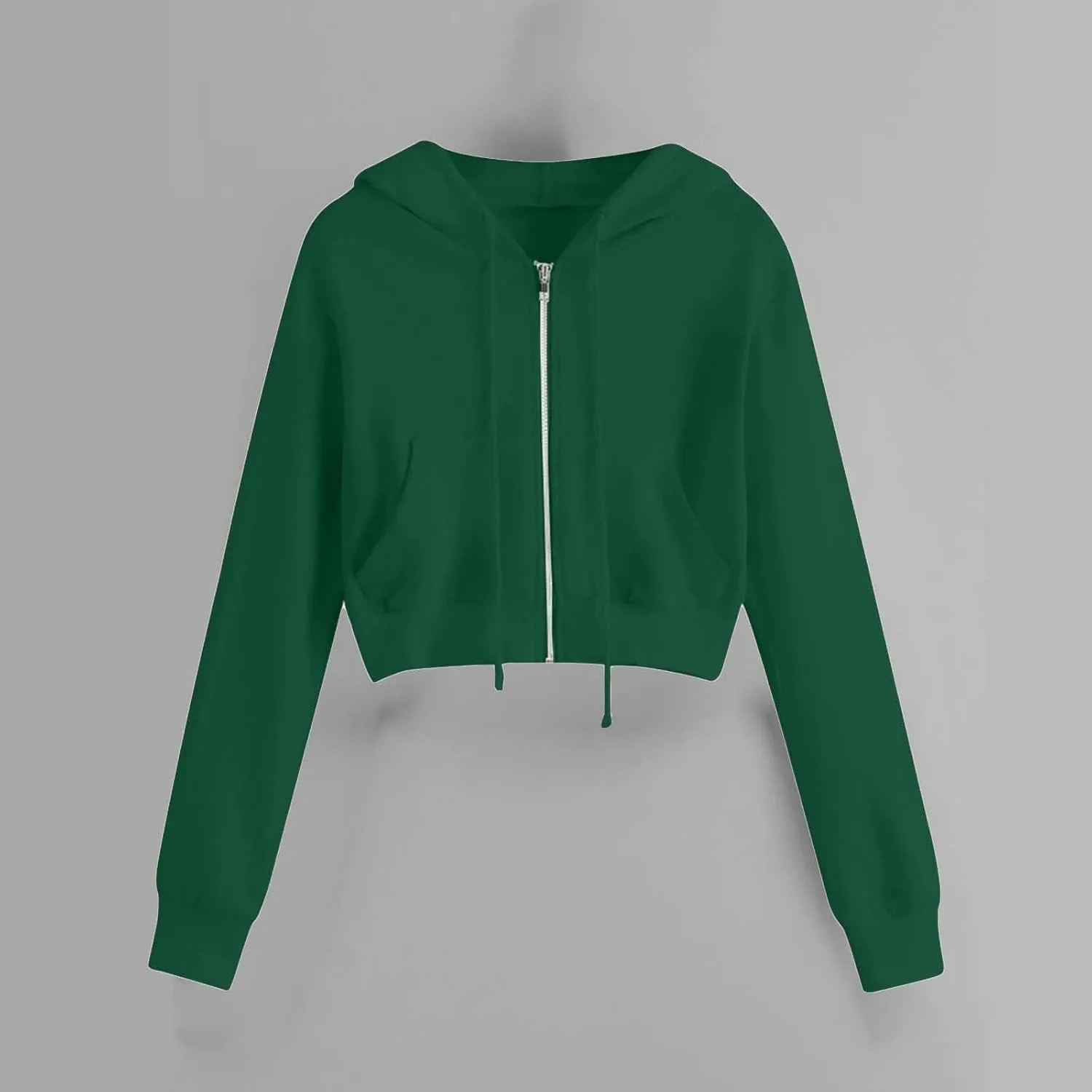 Fashion Crop Hoodie for Women Solid Color Full Zip Up Drawstring Hooded Long Sleeve Jackets Autumn Sports Sweatshirts