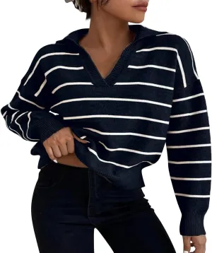 Fashion Sweater for Women Striped Kint Lapel Collar V Neck Long Sleeve Vintage Soft Crop Tops Fall Crochet Sweater Top