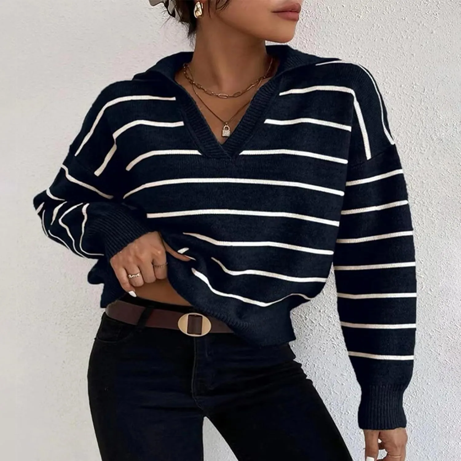Fashion Sweater for Women Striped Kint Lapel Collar V Neck Long Sleeve Vintage Soft Crop Tops Fall Crochet Sweater Top