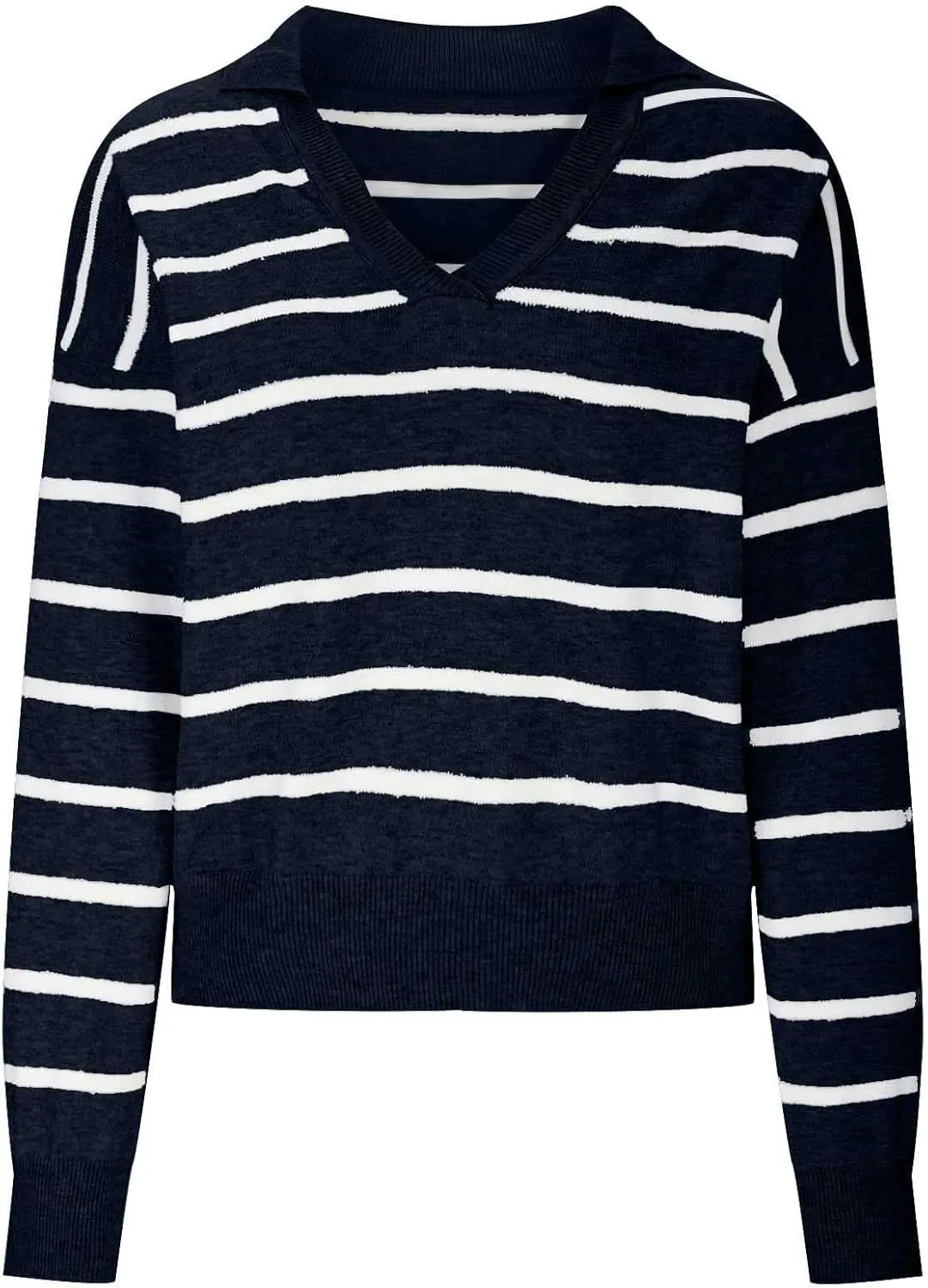 Fashion Sweater for Women Striped Kint Lapel Collar V Neck Long Sleeve Vintage Soft Crop Tops Fall Crochet Sweater Top