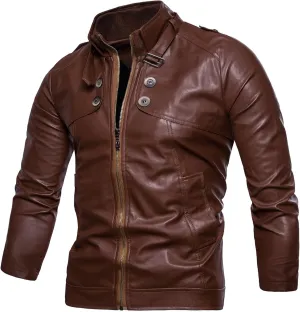 Faux Leather Jacket Men Slim Fit Long Sleeve Full Zip Motorcycle Jacket Stand Collar Racer Biker Jacket
