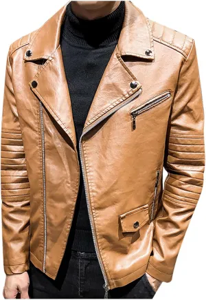 Faux Leather Jacket Mens Slim Fit Notch Lapel Zip Up PU Leather Coat Motorcycle Biker Jacket with Pockets