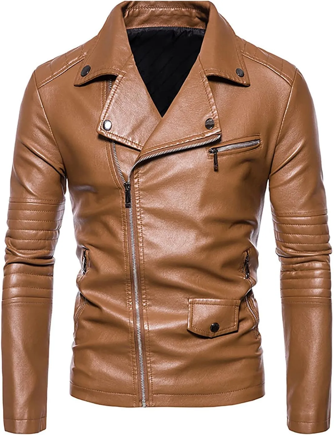 Faux Leather Jacket Mens Slim Fit Notch Lapel Zip Up PU Leather Coat Motorcycle Biker Jacket with Pockets