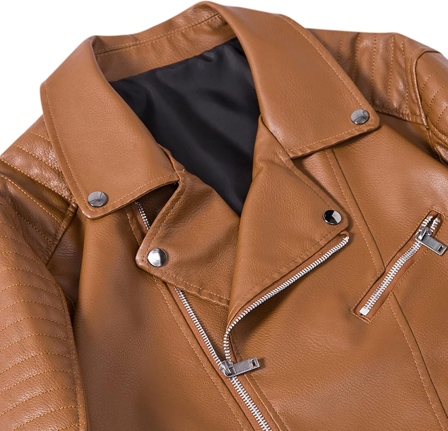 Faux Leather Jacket Mens Slim Fit Notch Lapel Zip Up PU Leather Coat Motorcycle Biker Jacket with Pockets