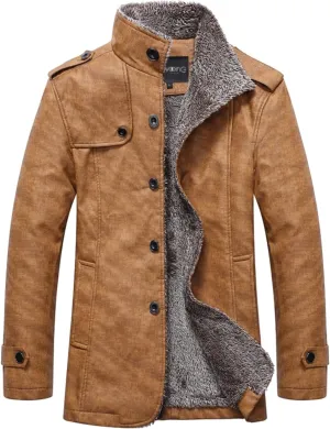 Faux Suede Jacket Men High Collar Shearling Sherpa Lined Winter Trench Coat Casual Vintage Sheepskin Fleece Coats