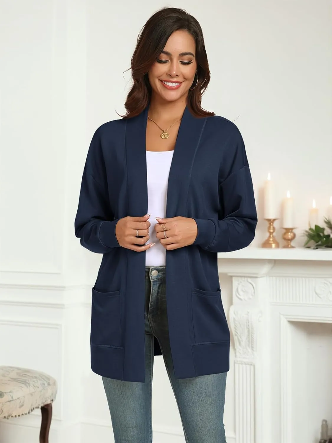 Feiersi Women's Open Front Cardigans Long Sleeve Casual with Pockets Knit Cardigan Soft Outwear