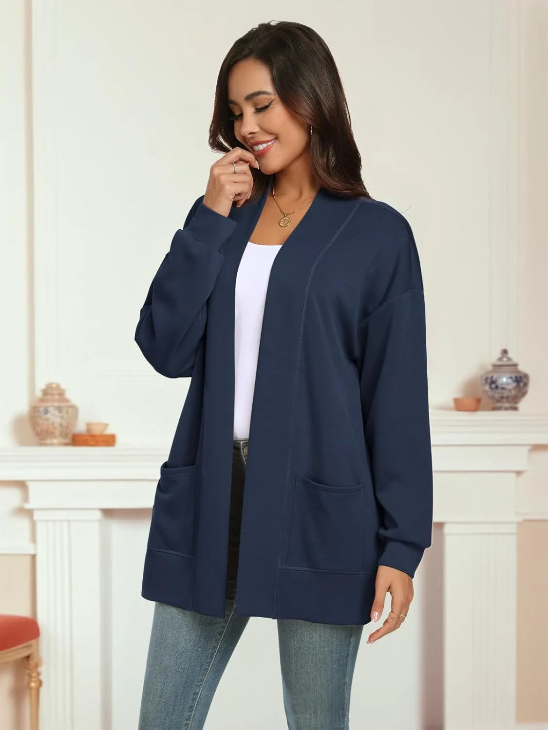 Feiersi Women's Open Front Cardigans Long Sleeve Casual with Pockets Knit Cardigan Soft Outwear