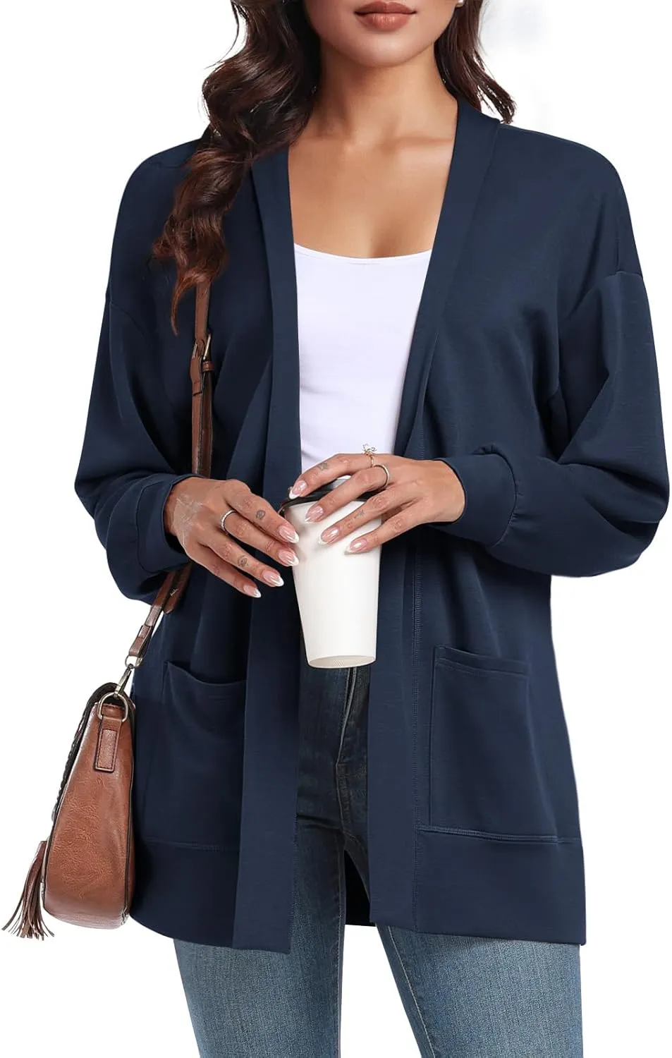 Feiersi Women's Open Front Cardigans Long Sleeve Casual with Pockets Knit Cardigan Soft Outwear