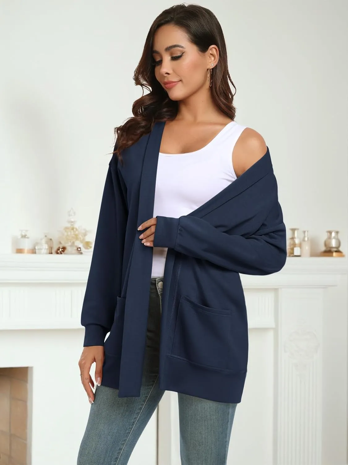 Feiersi Women's Open Front Cardigans Long Sleeve Casual with Pockets Knit Cardigan Soft Outwear