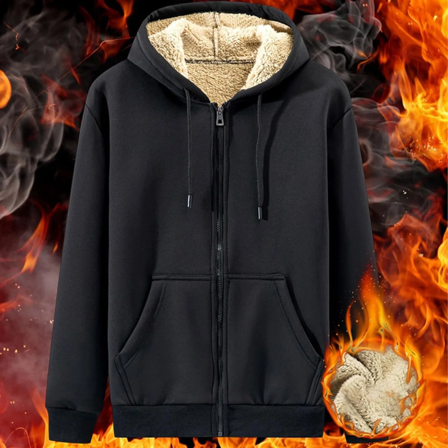 Fleece Hoodie for Men Full Zip Up Thick Sherpa Lined Sweatshirt Drawstring Winter Jacket with Pockets