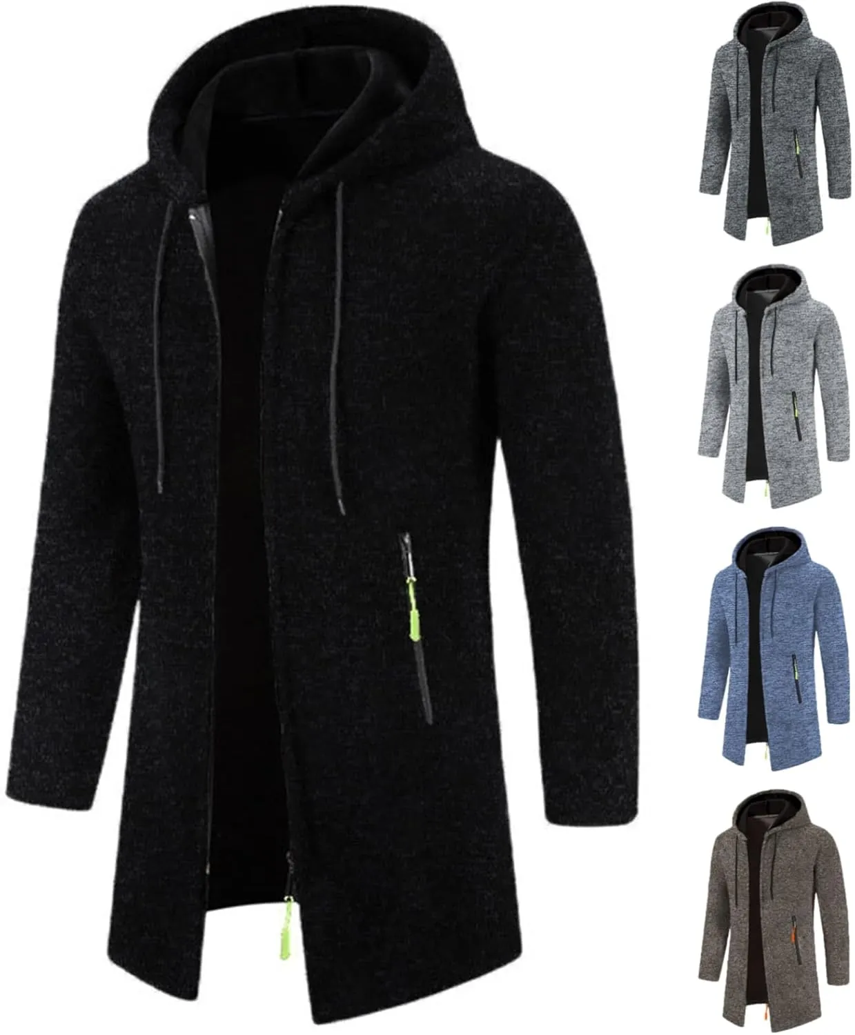 Fleece Hoodies for Men Knit Cardigan Long Jacket Long Sleeve Drawstring Overcoat Fashion Warm Coat with Zipper Pockets