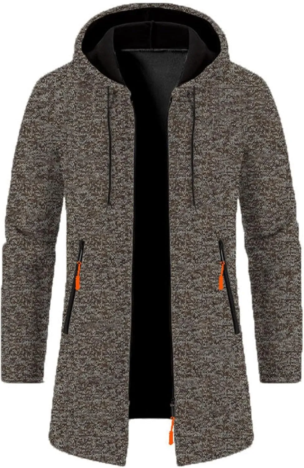 Fleece Hoodies for Men Knit Cardigan Long Jacket Long Sleeve Drawstring Overcoat Fashion Warm Coat with Zipper Pockets