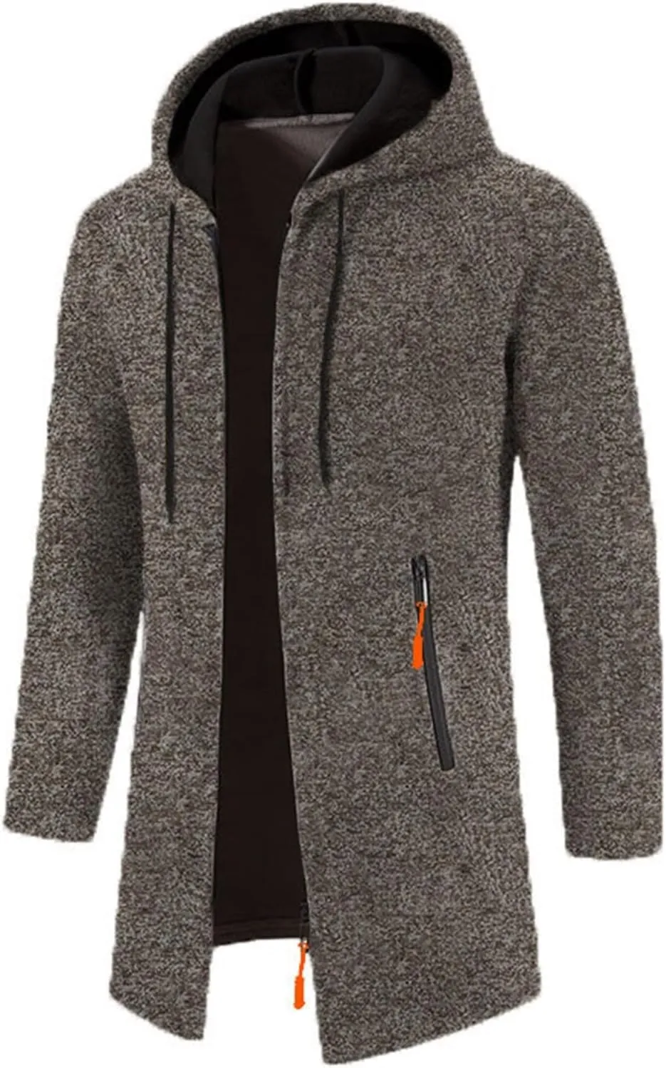 Fleece Hoodies for Men Knit Cardigan Long Jacket Long Sleeve Drawstring Overcoat Fashion Warm Coat with Zipper Pockets