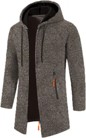Fleece Hoodies for Men Knit Cardigan Long Jacket Long Sleeve Drawstring Overcoat Fashion Warm Coat with Zipper Pockets