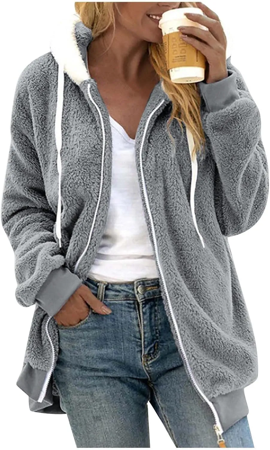 Fleece Jacket Women Plus Size Fuzzy Zip Up Sherpa Jacket Oversized Hooded Winter Coat Outerwear with Pockets