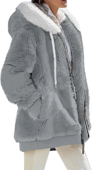 Fleece Jacket Women Plus Size Fuzzy Zip Up Sherpa Jacket Oversized Hooded Winter Coat Outerwear with Pockets