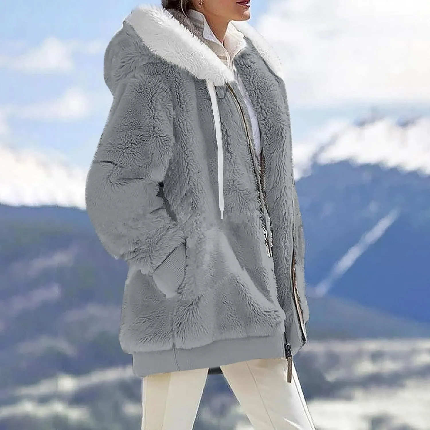 Fleece Jacket Women Plus Size Fuzzy Zip Up Sherpa Jacket Oversized Hooded Winter Coat Outerwear with Pockets