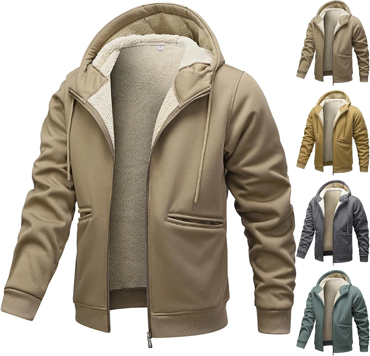 Fleece Lined Jackets for Men Padded Winter Coats Zipper Hoodies Sweatshirts Warm Sherpa Cardigan Sweater