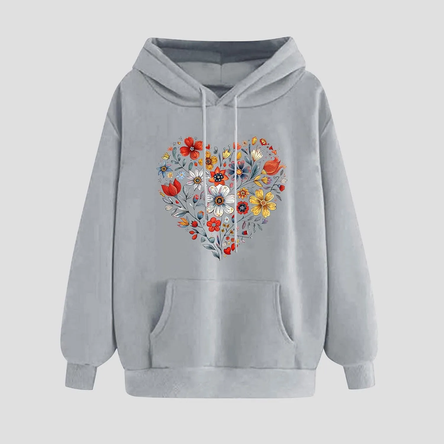 Floral Heart Graphic Hoodie for Women Pullover Casual Hooded Sweatshirt Soft Fleece Fall Winter Cozy Fashion Top