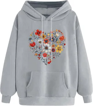 Floral Heart Graphic Hoodie for Women Pullover Casual Hooded Sweatshirt Soft Fleece Fall Winter Cozy Fashion Top