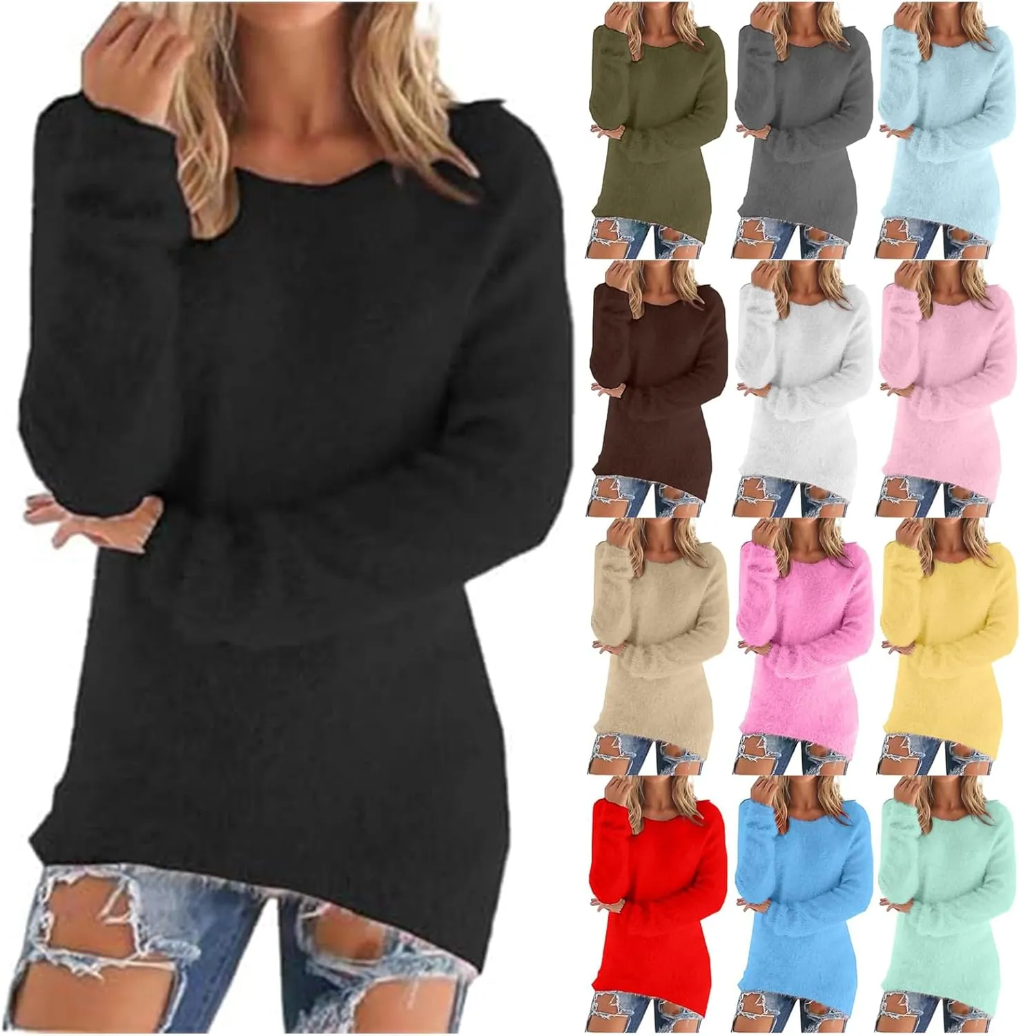 Fluffy Fuzzy Sweater for Women Casual Crewneck Loose Long Sleeve Pullover Tops Winter Warm Baggy Jumper Sweaters