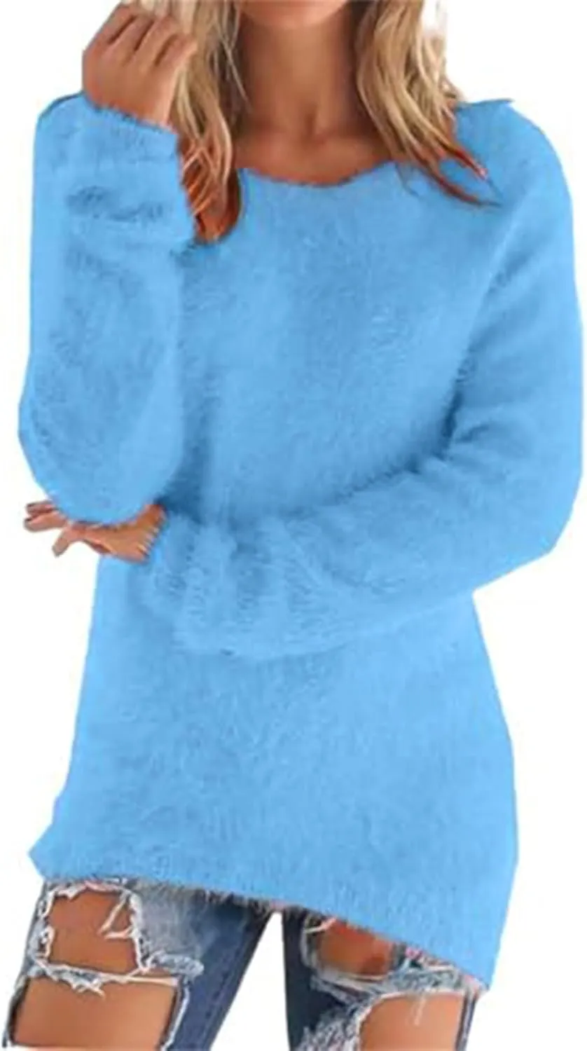 Fluffy Fuzzy Sweater for Women Casual Crewneck Loose Long Sleeve Pullover Tops Winter Warm Baggy Jumper Sweaters