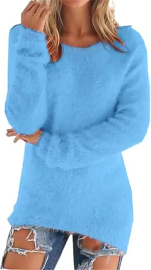 Fluffy Fuzzy Sweater for Women Casual Crewneck Loose Long Sleeve Pullover Tops Winter Warm Baggy Jumper Sweaters