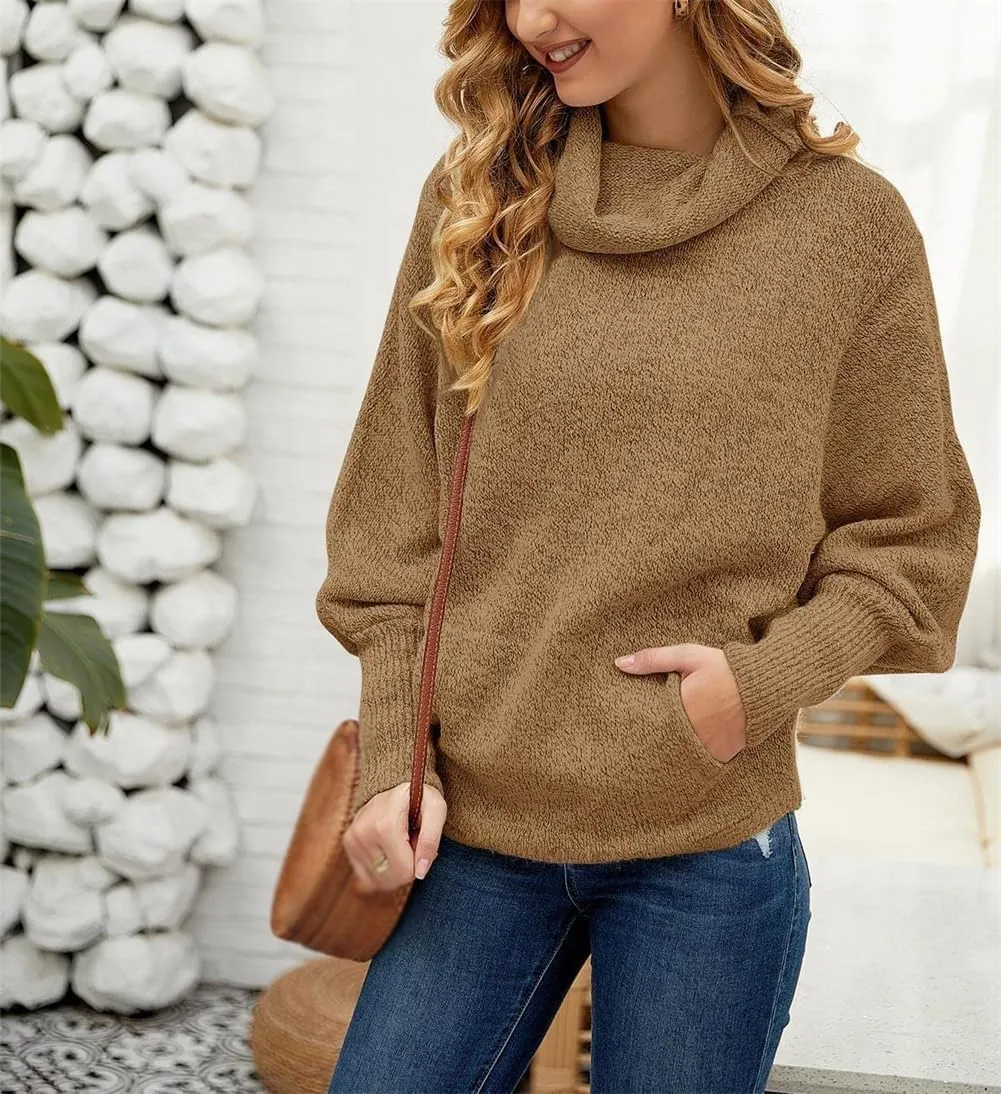 Foreseew Sweaters Women Solid Turtlenecks Mock, Long Sleeve Cable Knit Sweaters Oversized Comfy Loose Casual Sweater