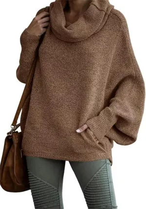 Foreseew Sweaters Women Solid Turtlenecks Mock, Long Sleeve Cable Knit Sweaters Oversized Comfy Loose Casual Sweater