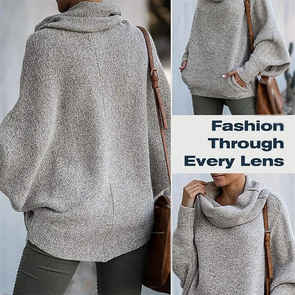 Foreseew Sweaters Women Solid Turtlenecks Mock, Long Sleeve Cable Knit Sweaters Oversized Comfy Loose Casual Sweater