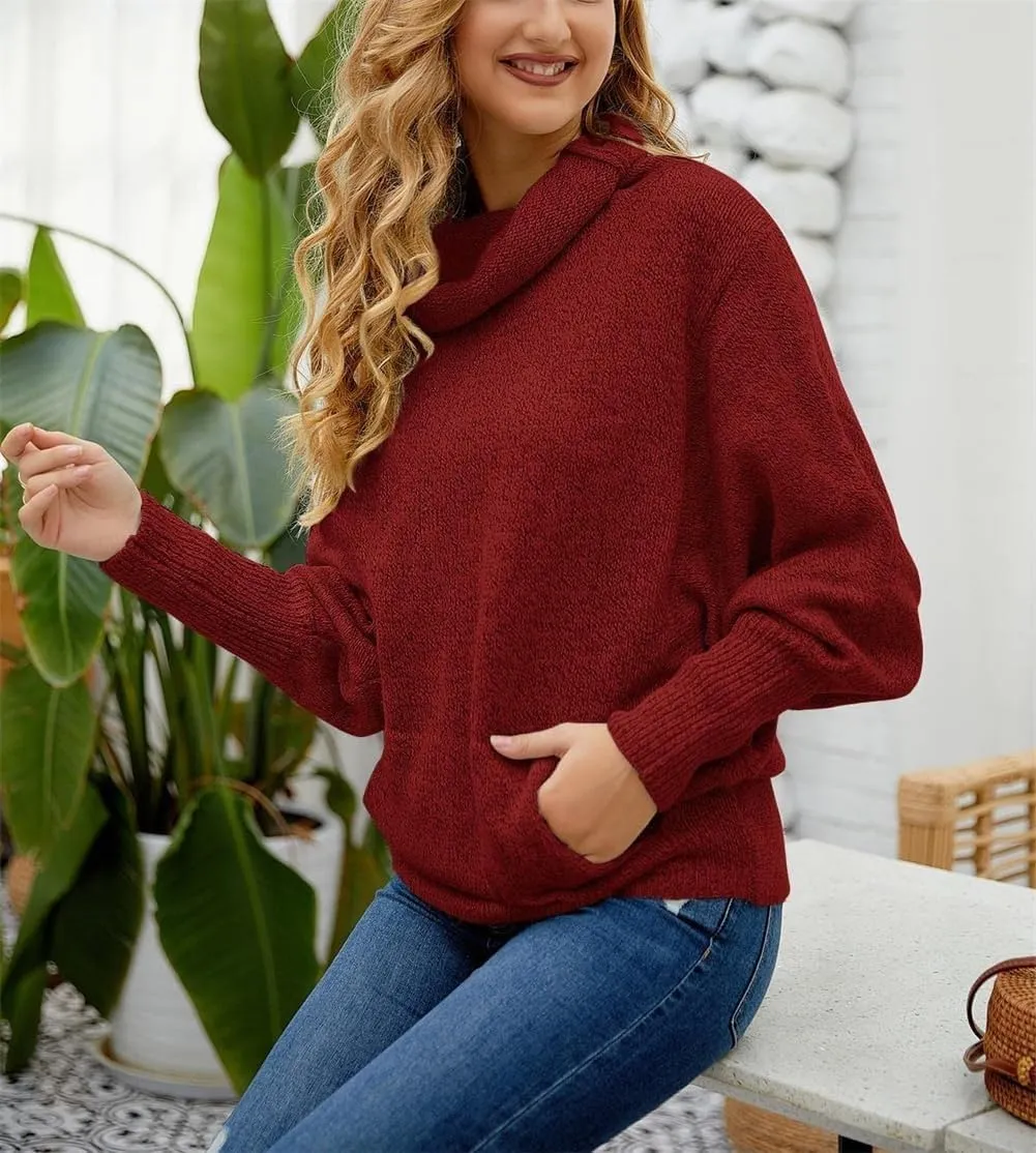 Foreseew Sweaters Women Solid Turtlenecks Mock, Long Sleeve Cable Knit Sweaters Oversized Comfy Loose Casual Sweater