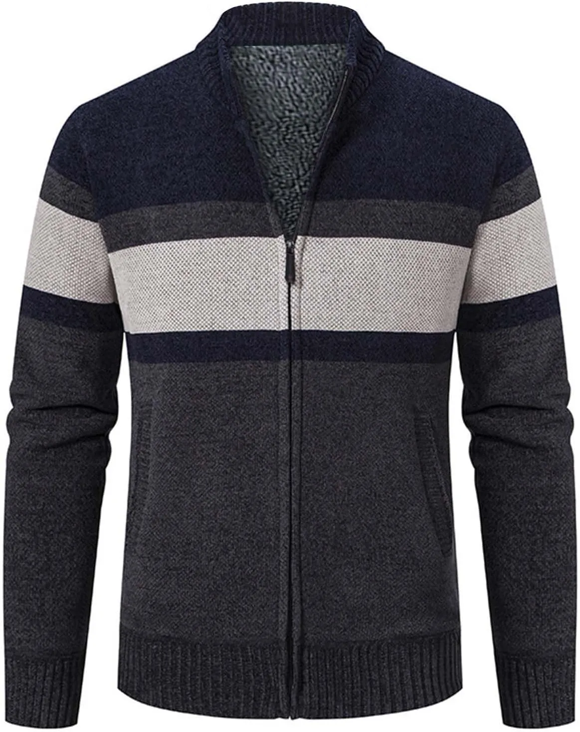 Full Zip Quilted Lined Cardigan Sweaters for Men Stand Collar Fleece Cable Knit Sweater with Pockets