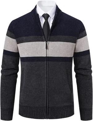 Full Zip Quilted Lined Cardigan Sweaters for Men Stand Collar Fleece Cable Knit Sweater with Pockets