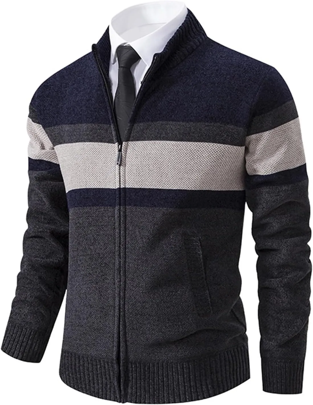 Full Zip Quilted Lined Cardigan Sweaters for Men Stand Collar Fleece Cable Knit Sweater with Pockets