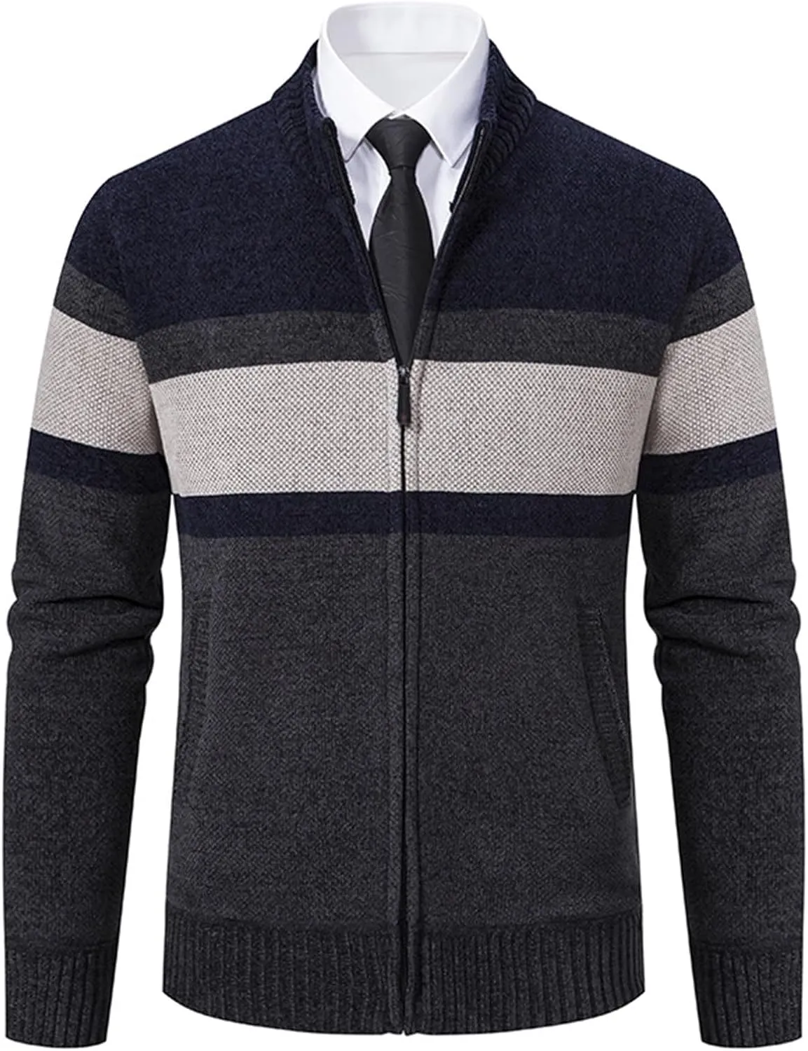 Full Zip Quilted Lined Cardigan Sweaters for Men Stand Collar Fleece Cable Knit Sweater with Pockets