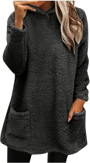 Fuzzy Fleece Hoodies For Women Cozy Warm Sherpa Hooded Pullover Tops Oversized Loose Soft Sweatshirt Loungewear