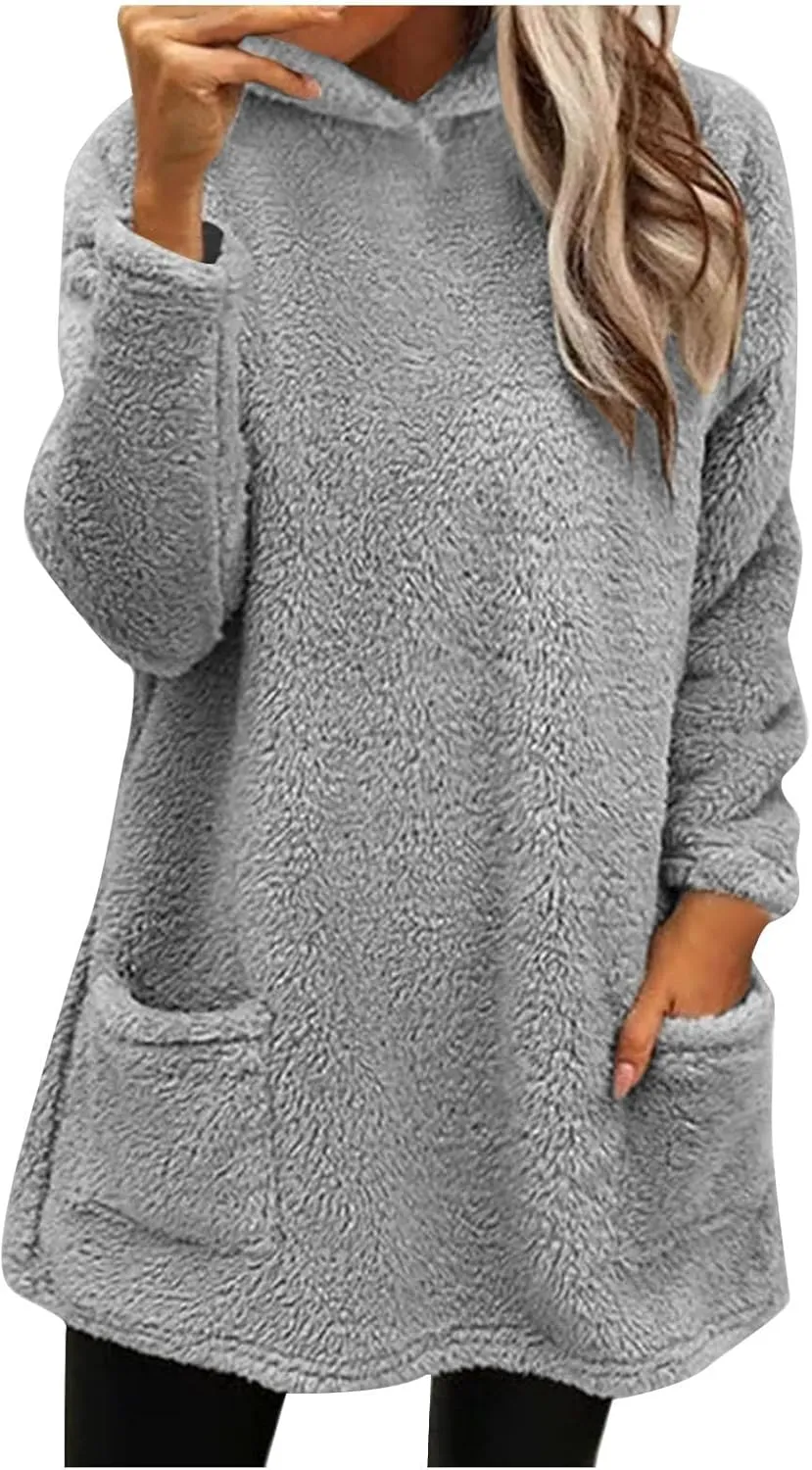 Fuzzy Fleece Hoodies For Women Cozy Warm Sherpa Hooded Pullover Tops Oversized Loose Soft Sweatshirt Loungewear