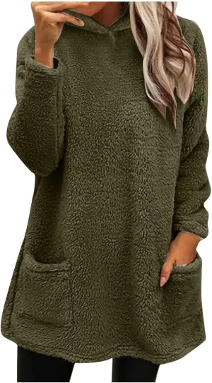 Fuzzy Fleece Hoodies For Women Cozy Warm Sherpa Hooded Pullover Tops Oversized Loose Soft Sweatshirt Loungewear
