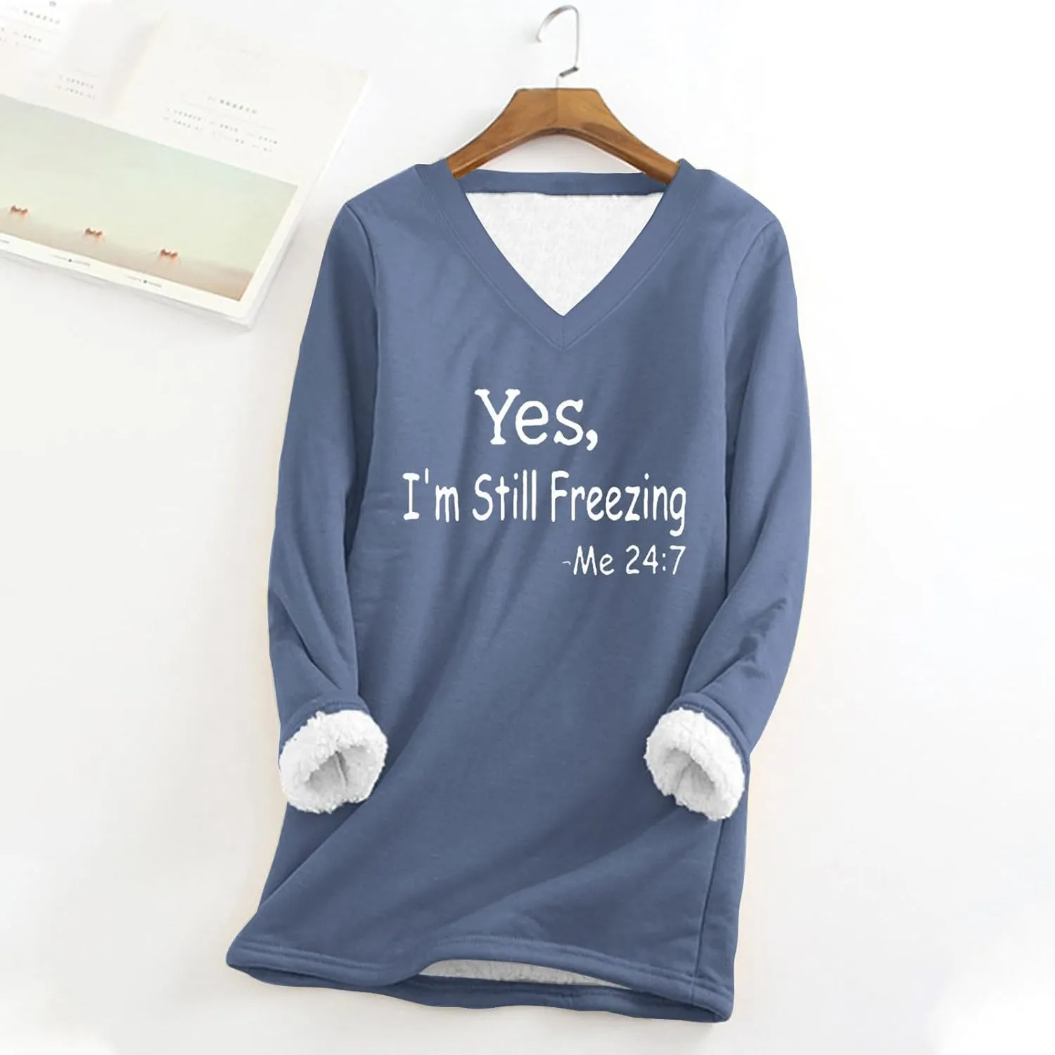Fuzzy Fleece Lined Sweatshirts for Women 2023 Cozy Winter Pullover Sweater Tops v Neck Plus Size Loose Long Loungewear