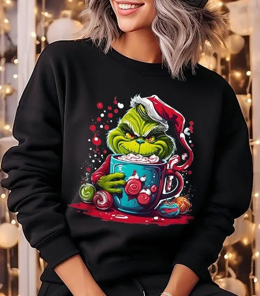 Giggling Grinch Christmas Holiday Unisex Long Sleeve Graphic Sweatshirt