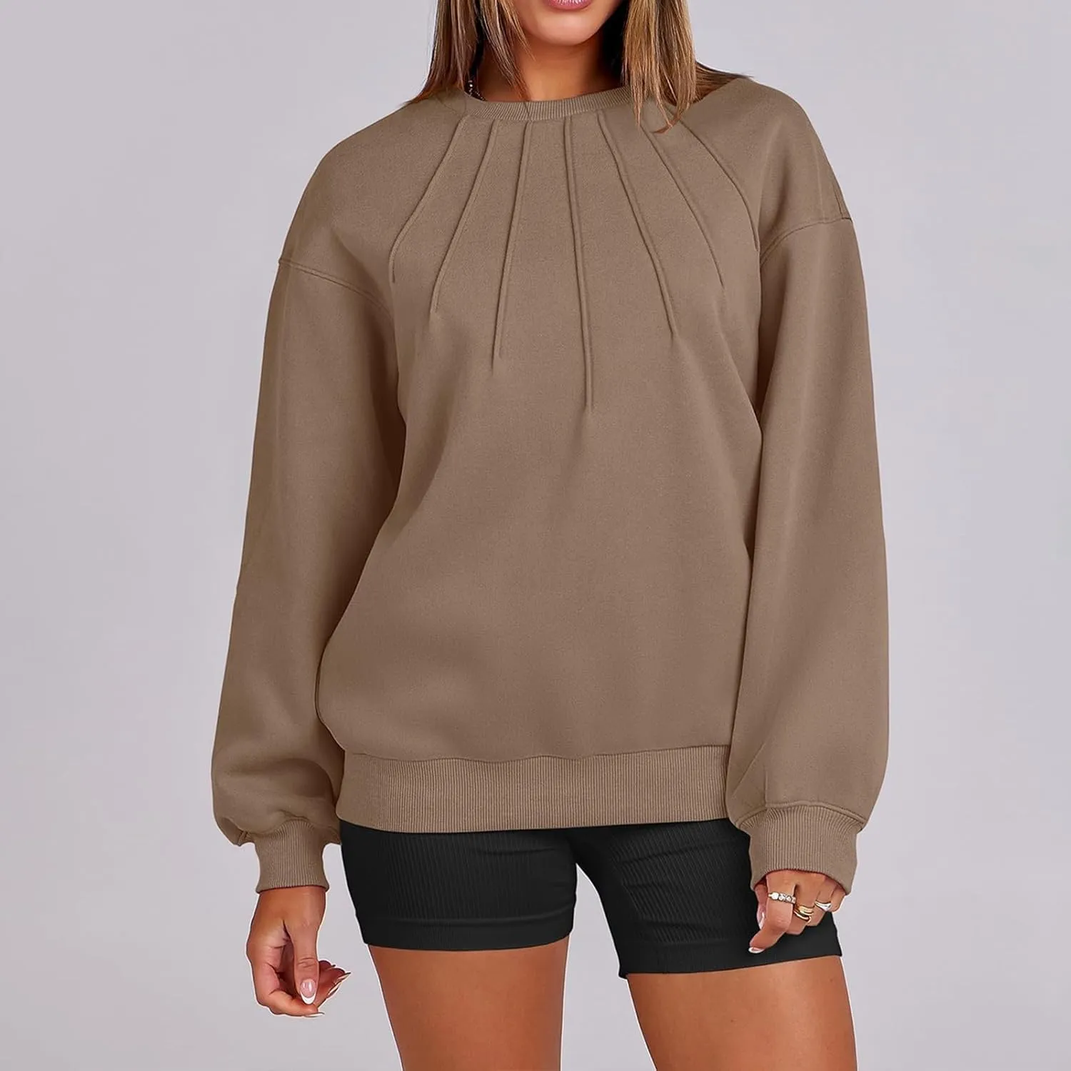 Gumipy Oversized Sweatshirt for Women Knit Long Sleeve Fleece Crewneck Sweatshirts Trendy Drop Shoulder Pullover Cozy Sweater