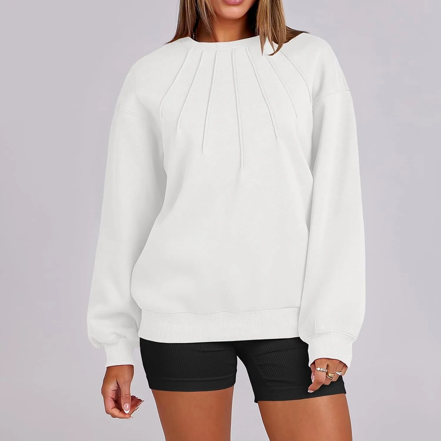 Gumipy Oversized Sweatshirt for Women Knit Long Sleeve Fleece Crewneck Sweatshirts Trendy Drop Shoulder Pullover Cozy Sweater