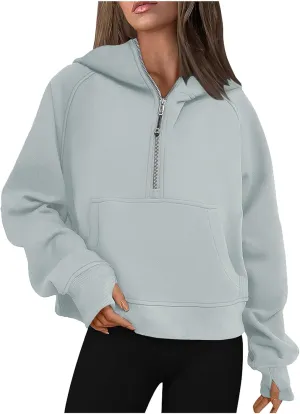Half Zipper Sweatshirt for Women Stand Collar Fleece Pullover Top Solid Color Cropped T-Shirt Running Sports Blouse